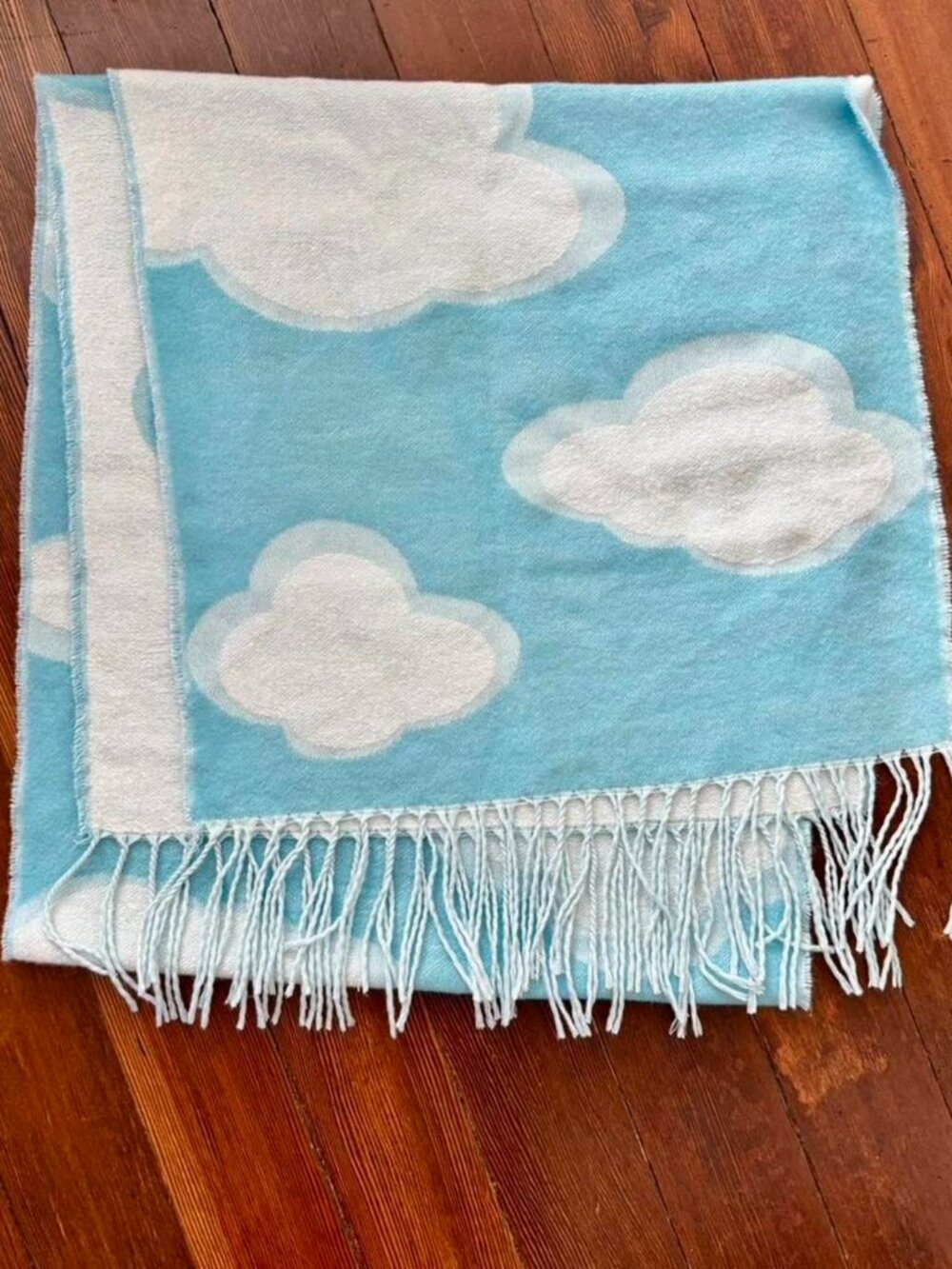 Cute Sky Blue & White Cloud Print Knit Scarf - Cozy Soft Fringe Winter Shawl Wra